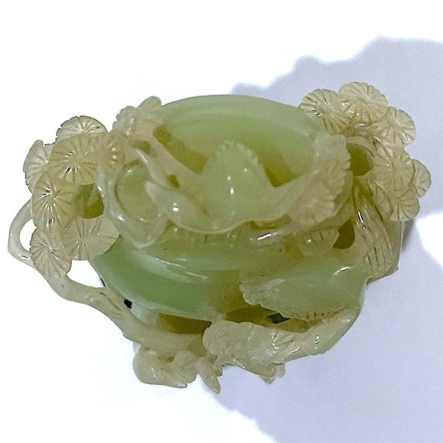 Vintage Carved Chinese Celadon Green Jade Lidded Jar/Vase - Custom Base - Presentation Box For Sale - Image 10 of 12