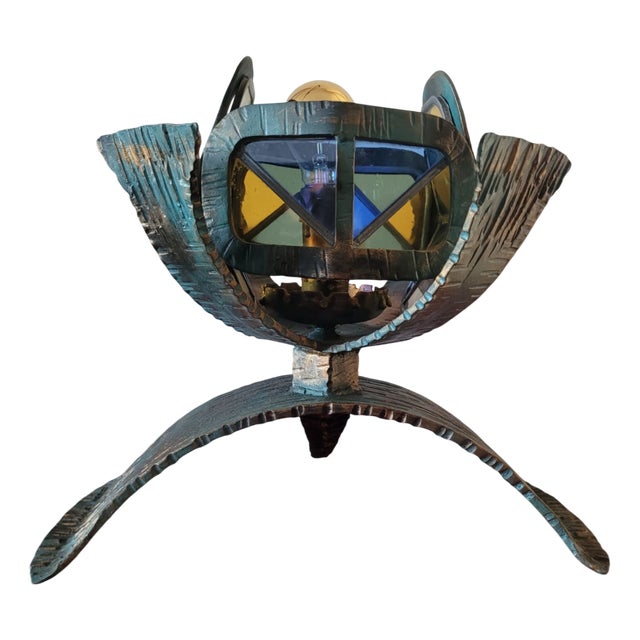 Brutalist Sculpture Table Lamp in Green and Gold Metal and Yellow and Blue Glass, 1950s For Sale