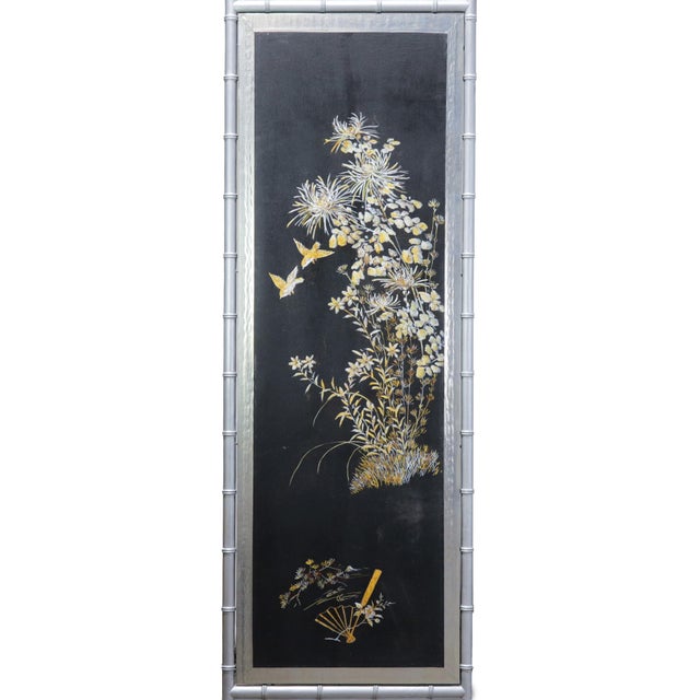 This stunning vintage four-panel folding screen is a masterclass in dramatic Chinoiserie design, featuring intricate hand-...