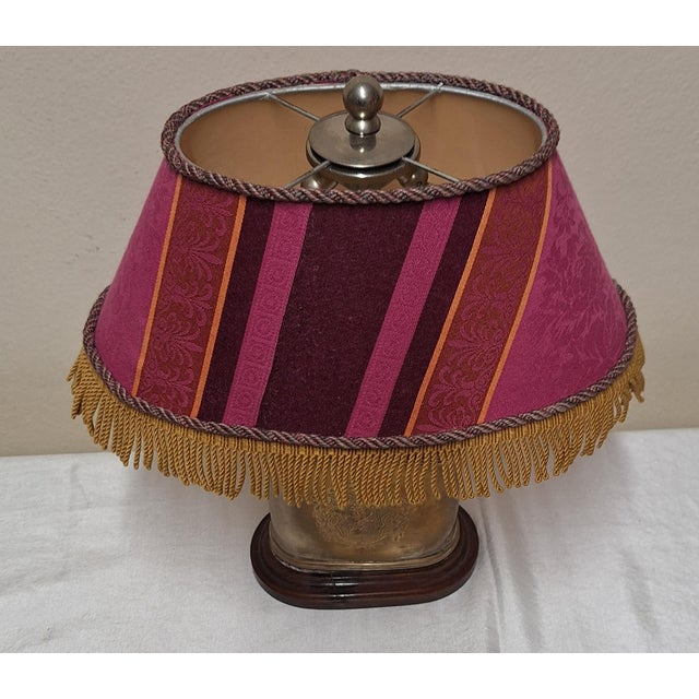 Vintage Table Lamp with Silver-Plated Oval Metal Base and Fabric Shade, 1950s For Sale - Image 6 of 12