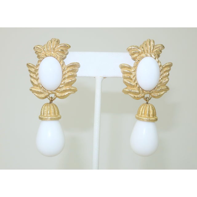 French Givenchy Gold Plate White Drop Dangle Earrings, 1980's For Sale - Image 3 of 10