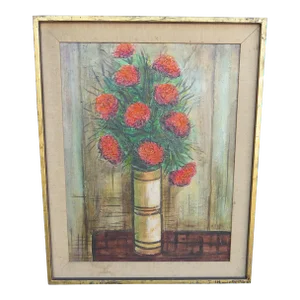 Vintage Artist Signed Oil on Canvas Still Life in Gold Leaf Frame