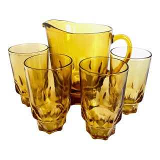 Vintage Hazel-Atlas Reflection Amber Thumbprint Set of 5 – Pitcher & 4 Tumblers For Sale
