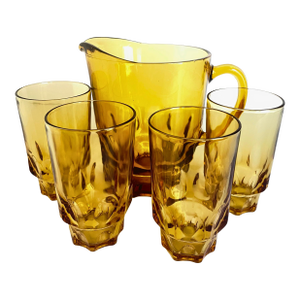 Vintage Hazel-Atlas Reflection Amber Thumbprint Set of 5 – Pitcher & 4 Tumblers