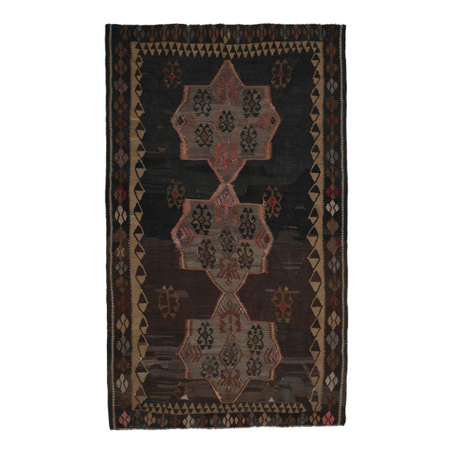 1970s Vintage Turkish Handmade Wool Cotton Brown Runner Rug For Sale