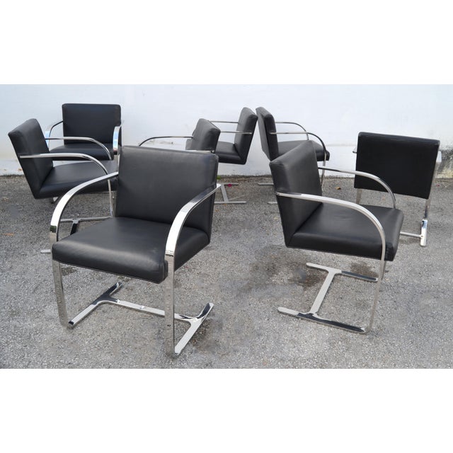 Black Set 8 Attributed to Mies Van Der Rohe for Knoll Stainless Steel Brno Chairs Black Leather 1977 For Sale - Image 8 of 18