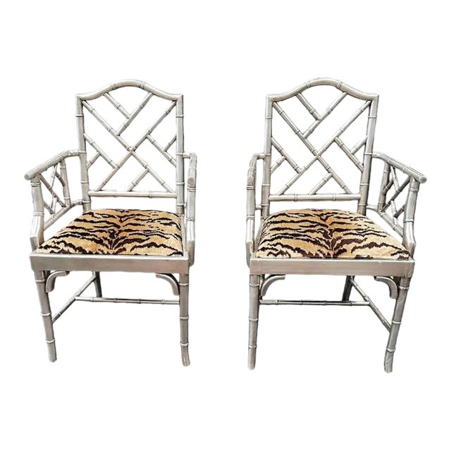 Vintage Chippendale Faux Bamboo Arm Chairs - a Pair For Sale