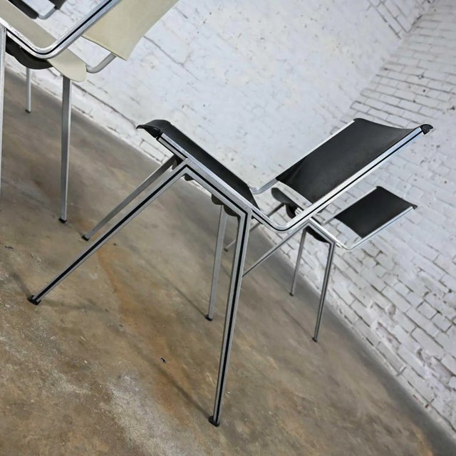 Vintage Mid Century Modern Aluminum Steelcase Stacking Chairs Model #1278 1 White 3 Black Set of 4 For Sale - Image 11 of 13