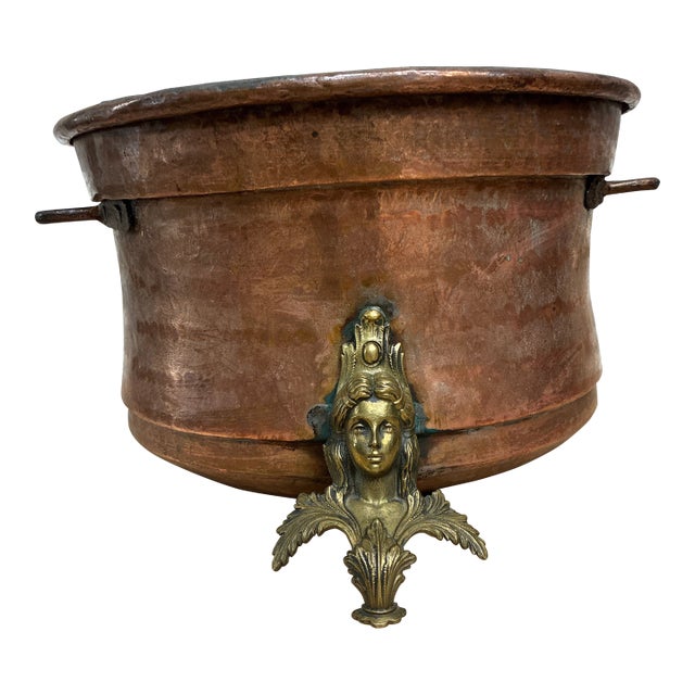 Rare Antique Copper Planter Cauldron Jardiniere With Brass Caryatids Lady Face Goddess Detail For Sale
