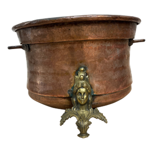 Rare Antique Copper Planter Cauldron Jardiniere With Brass Caryatids Lady Face Goddess Detail