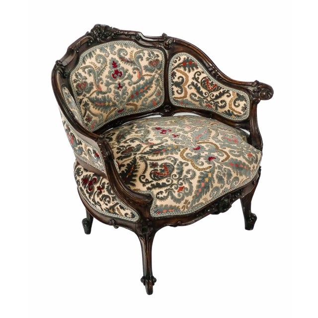 Victorian Early 20th Century Petite Needlepoint Bergère Chair With Intricately Carved Walnut Frame For Sale - Image 3 of 12