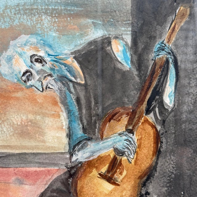 Paint Signed Original Watercolor After Picasso Old Guitarist Framed For Sale - Image 7 of 11