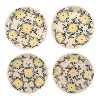 Set of 4 Bat Trang Vietnamese Ceramic Dessert/Salad Plates With Yellow and Blue Hand Painted Floral Motifs For Sale