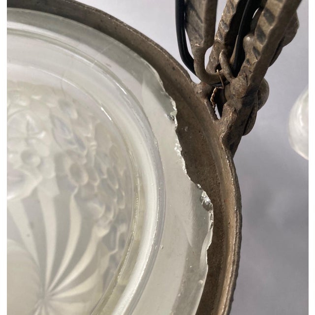 1920s French Wrought Iron Art Deco Chandelier - 3 Shades and Bowl, Floral Motif Glass For Sale - Image 4 of 5
