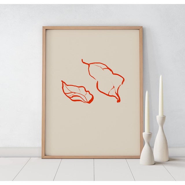 Abstract open edition giclee print by artist Anna Pepe. 20"x28" Elegant red leaves drawing on beige background. Printed on...