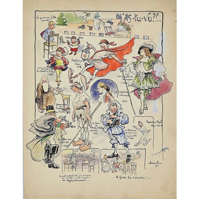 The first fairy tale is a lovely and colored china ink drawing watercolored signed Cheval and dated 1911. Good conditions,...