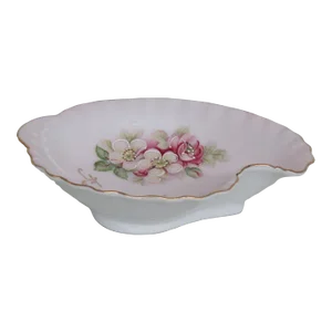 Porcelain Pink Floral Roses Teardrop Shape Scalloped Edge Candy Dish Bowl