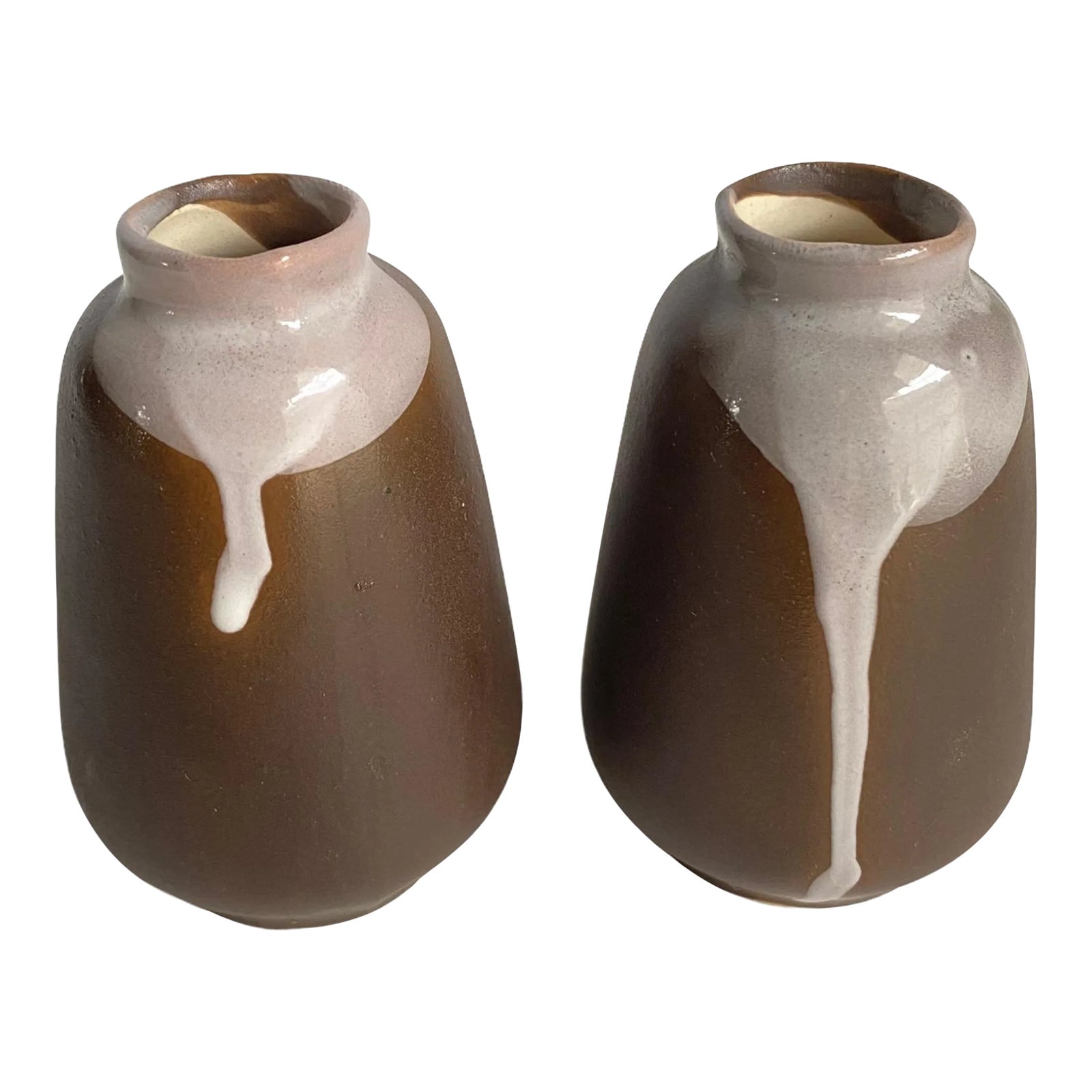 Vintage Japanese Petite Vases Brown & White Drip Glaze 2.5” Tall a Pair ...