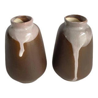 Vintage Japanese Petite Vases Brown & White Drip Glaze 2.5” Tall a Pair For Sale