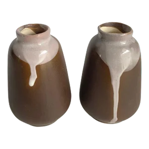 Vintage Japanese Petite Vases Brown & White Drip Glaze 2.5” Tall a Pair