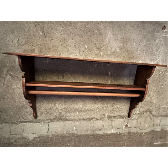 Cabin Late 20th Century Country Primitive Cabin Pine 2 Tier Wall Shelf W/ Shaped Sides & Coat Rack Rod For Sale - Image 3 of 14