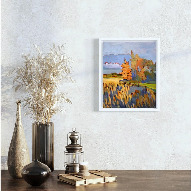 Experience the luminous transition of the seasons with "Late Light Along the Fields," a striking original oil painting...