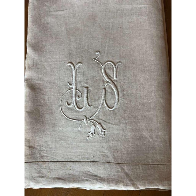 Textile Antique French Linen Sheet Ls Monogram Thick Oat Linen Trousseau Sheet Rustic Flax Bed Linen Circa 1920 For Sale - Image 7 of 10