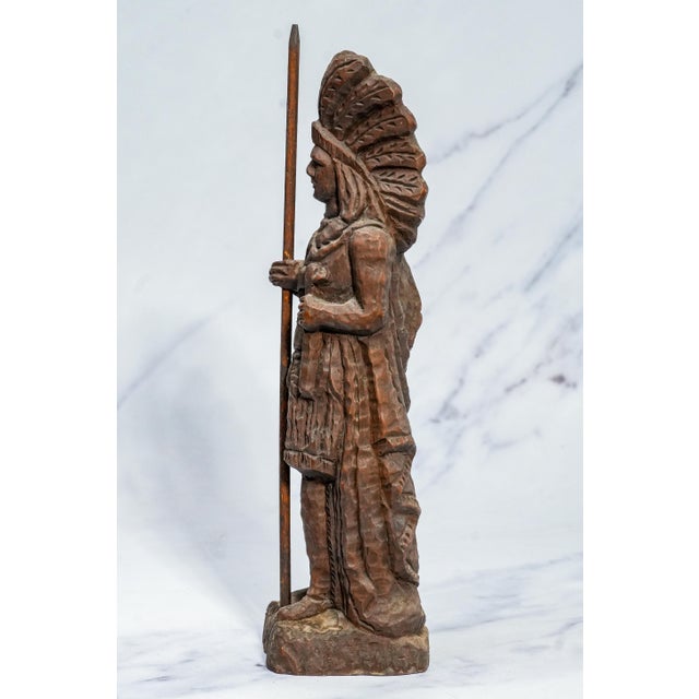 Solid Wood Carved Antique Native American Indian Chief Statue Sculpture Western Home Decor For Sale - Image 9 of 12