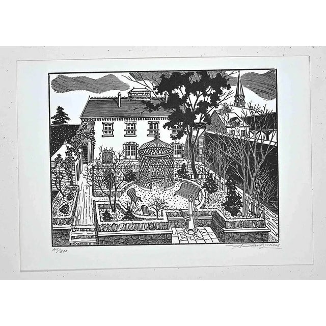 French Landscape is a modern artwork realized by Andre Roland Brudieux. Original woodcut on paper. Hand-signed on the...