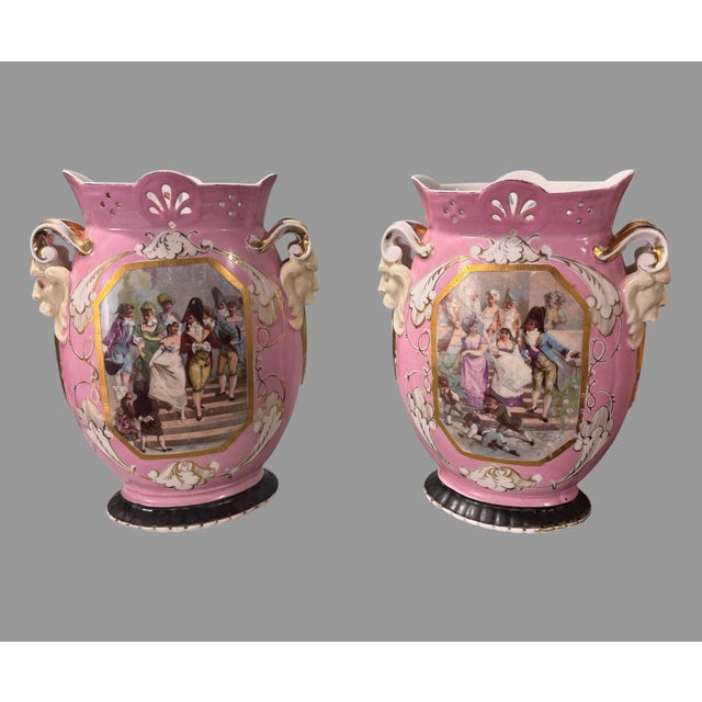 Pair of Antique Old Paris Porcelain Scenic & Gilt Decorated Handled 13.5" Vases For Sale - Image 9 of 11