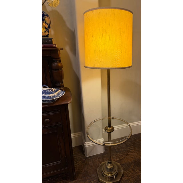 Mid 20th Century Mid 20th Century Mid-Century Modern Brass and Glass Tray Table Floor Lamp With Original Shade For Sale - Image 5 of 13