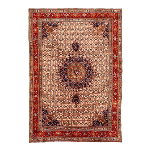 1960s Persian Mashad Handmade Beige Wool Rug With Rosette Motif For Sale