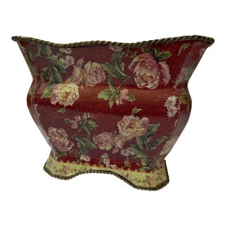 Mid-Century French Country Scalloped Toleware Cachepot Planter - Burgundy & Peony Floral For Sale