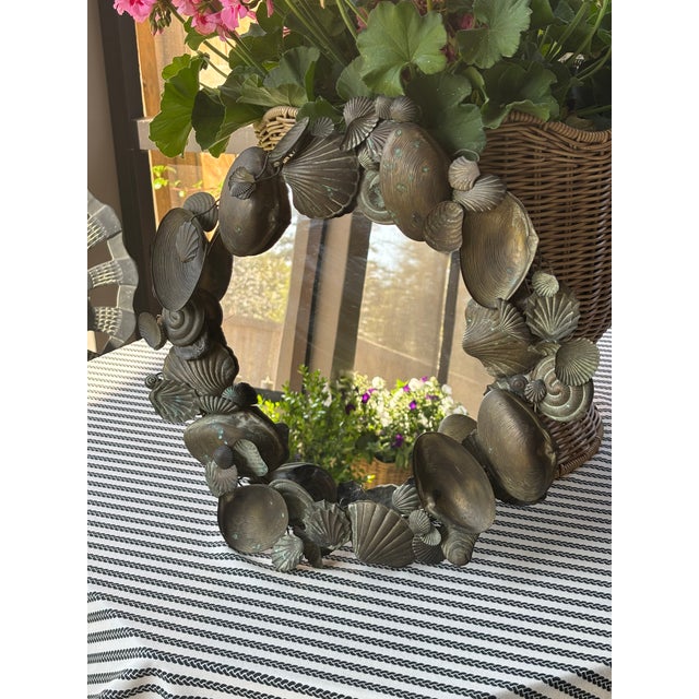Mid 20th Century Vintage Coastal Palm Beach Style / Dresden Style Patinated Brass Seashell Mirror For Sale - Image 5 of 13