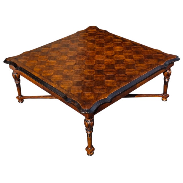 Wood Georgian Style Parquetry Top Coffee Table With Scalloped Edge and X-Form Stretcher, Early 21st Century For Sale - Image 7 of 13