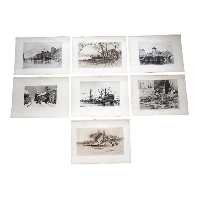 Antique 19th Century Folio Size Signed Cityscape/Landscape Etchings - Set of 7 For Sale