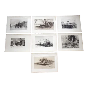 Antique 19th Century Folio Size Signed Cityscape/Landscape Etchings - Set of 7