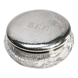 Stunning Large Antique Crystal Powder Jar Sterling Silver Lid Floral Cut Glass Edwardian Vanity Box For Sale
