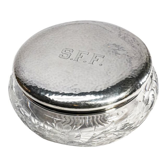 Stunning Large Antique Crystal Powder Jar Sterling Silver Lid Floral Cut Glass Edwardian Vanity Box For Sale