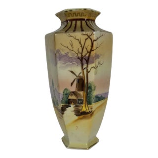 Early 20th Century Hand Painted Nippon Vase With Windmill Scene For Sale