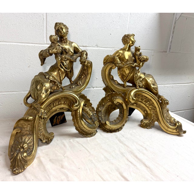 French Antique Heavy Pair of Louis XV Style Gilt Bronze Female Sphinx Chenets Andirons For Sale - Image 3 of 17