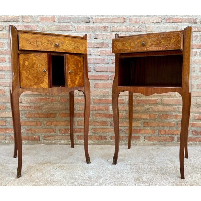 Pair of French Marquetry Bedside Tables with Drawer and Cabinet, 1940s For Sale - Image 10 of 13