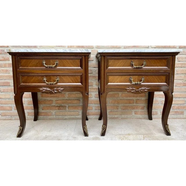 Mid-Century Walnut Nightstands with Drawers and Marble Tops, 1950s, Set of 2 For Sale - Image 13 of 13