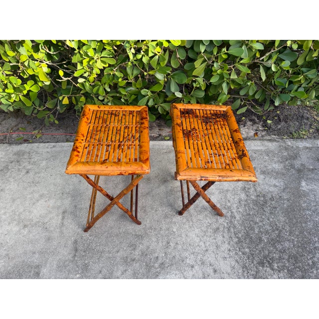 Contemporary Vintage Burnt Bamboo Folding Tray Tables, a Pair For Sale - Image 3 of 10