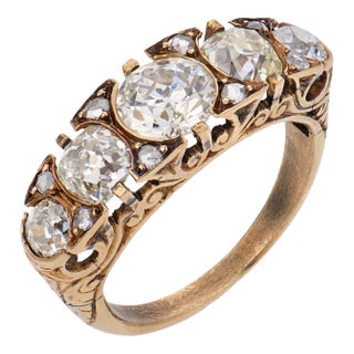 Early 20th Century Edwardian 5 Stone Old Cut Diamond 18k Yellow Gold Band, Size 6.5 For Sale