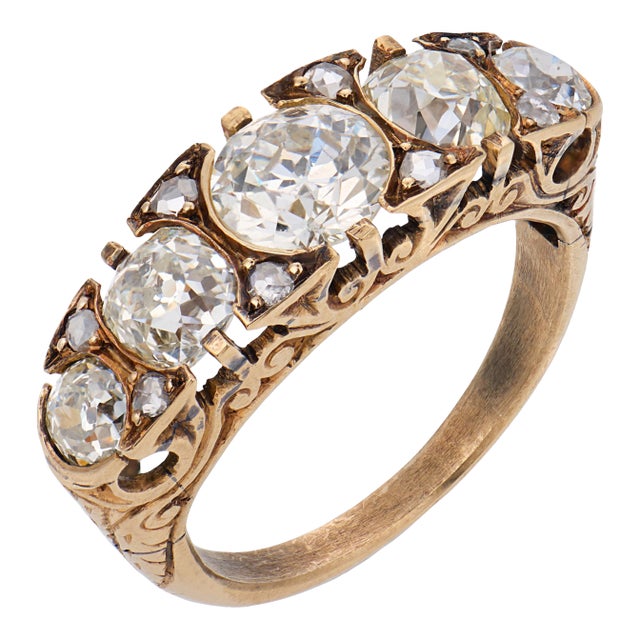 Early 20th Century Edwardian 5 Stone Old Cut Diamond 18k Yellow Gold Band, Size 6.5 For Sale
