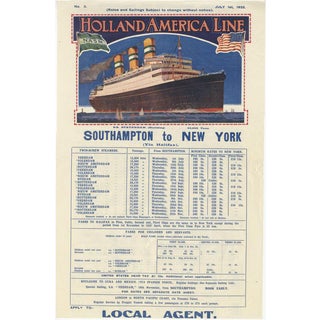 Holland America Line of Southampton to New York Transatlantic Voyages Poster, 1925 For Sale
