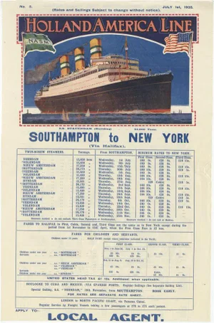 Holland America Line of Southampton to New York Transatlantic Voyages Poster, 1925