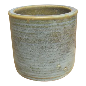 Vintage Zanesville Pottery Low Stoneware Cylinder Vase with Ribbed Mottled Green Glaze