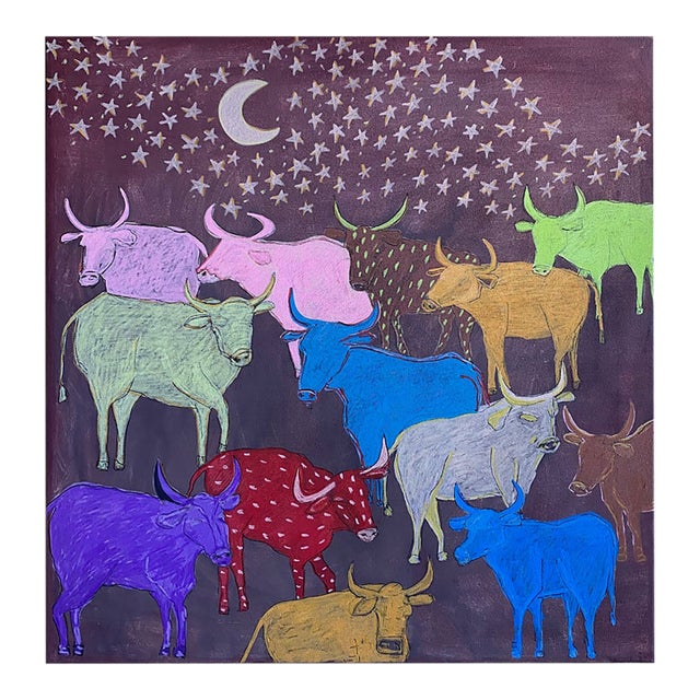 Midnight Herd – Original Colorful Cow Acrylic Painting on Raw Canvas, 24x24 Folk Art by Tatiana Duperault For Sale